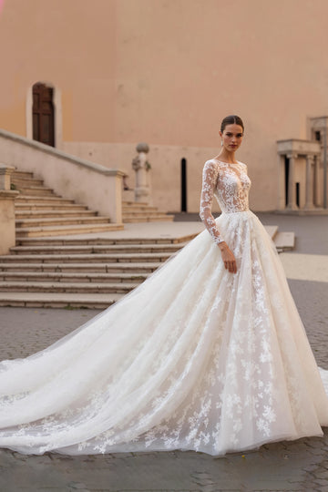 Glamorous Ivory A-Line Appliqued Long Sleeve Wedding Dress With Chapel Train